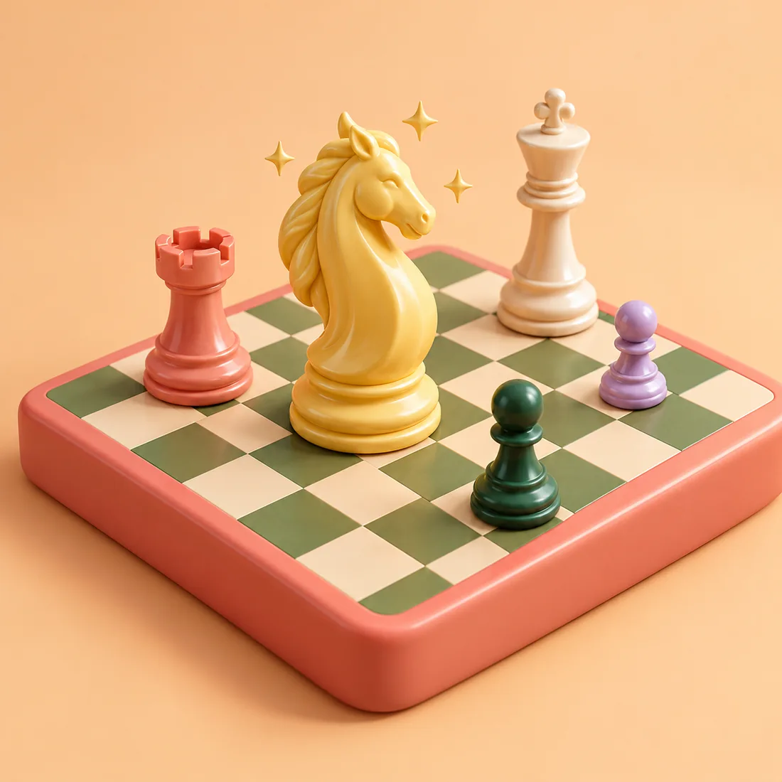 A playful golden knight, coral rook and colourful chess pieces on a miniature board