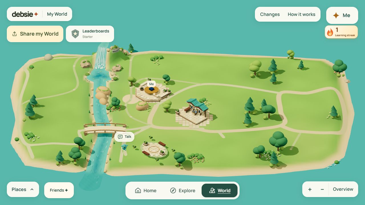 An example Debsie World, with a river, bridge, Me landmark and a place to talk with Debsie