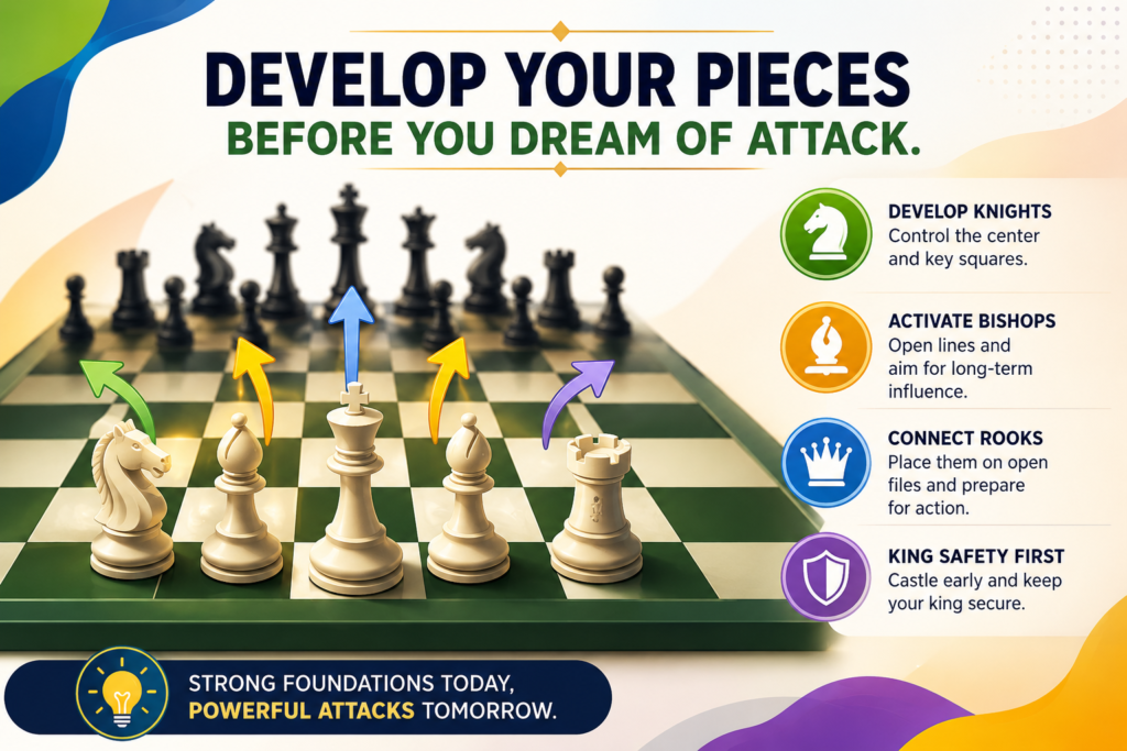 Many young players want to attack right away. They bring out the queen early. They chase pawns. They make threats that look scary for one move. But then the opponent blocks the threat, and suddenly the queen is being chased around the board.