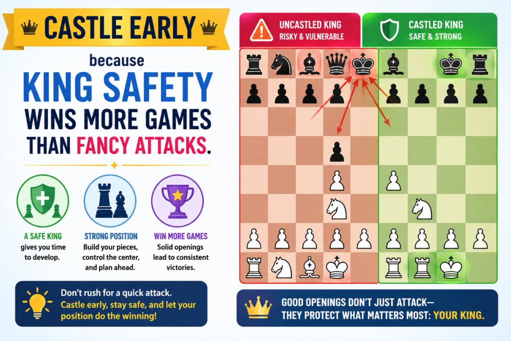 A beautiful attack means nothing if your own king is unsafe. Many beginners forget this. They push pawns. They bring the queen out. They chase pieces. Then, before they know it, their king is stuck in the center and the opponent’s pieces are coming in fast.