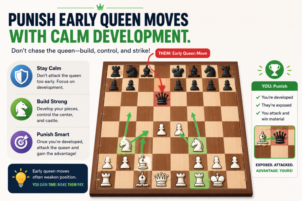 Many young players are scared when the other player brings the queen out early. The queen looks big. The threats look fast. A child may think, “Oh no, I am already losing.” But most early queen moves are not as strong as they look.