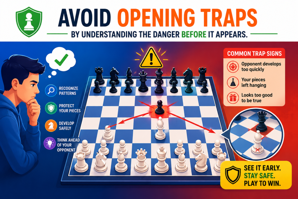 Opening traps are everywhere in beginner chess. Some are famous. Some are simple. Some look silly until they work. A trap is a move or plan that invites the other player to make a mistake. If the player takes the bait, they may lose a piece, lose the queen, or even get checkmated.