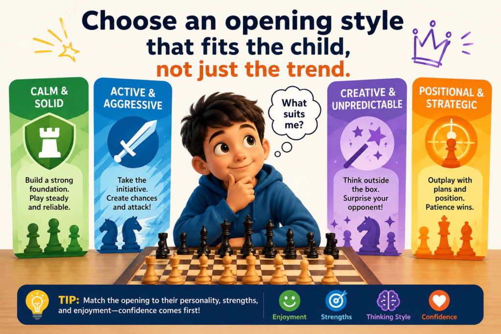 Many parents ask, “What is the best chess opening for my child?” The honest answer is that it depends on the child. Some children love sharp attacks. Some like calm plans. Some enjoy clear setups. Some are ready for deep lines. The best opening is the one that helps the child understand the game and enjoy the learning process.