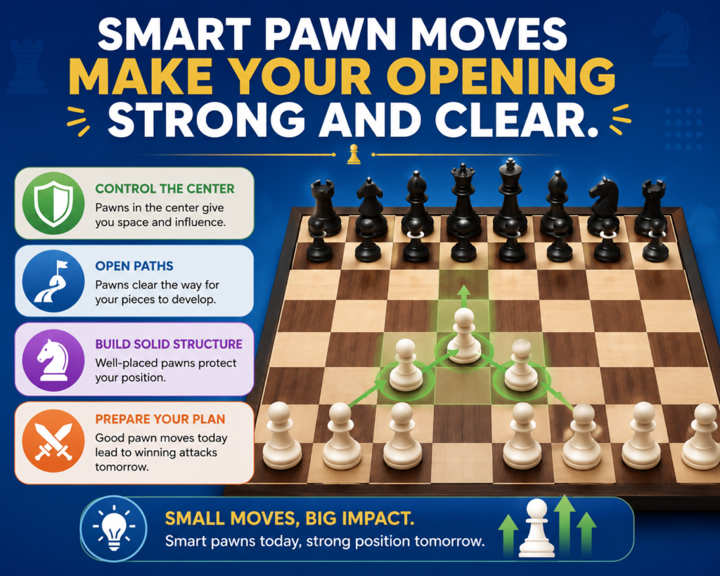 Pawns may be the smallest pieces, but they shape the whole game. They decide which squares are safe, which lines are open, and which pieces become strong. In the opening, pawn moves are like the first walls and roads of a city. 