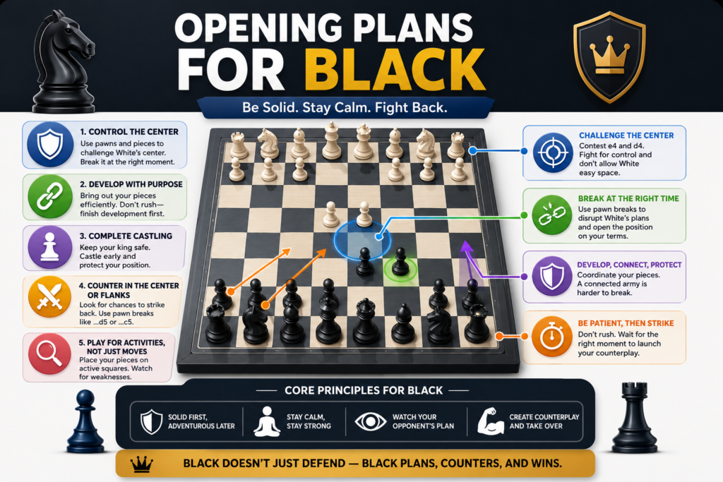 Black moves second, so Black’s first job is to answer White’s plan. But that does not mean Black should only defend. A strong Black opening should challenge the center, develop pieces, and prepare for a fair fight.