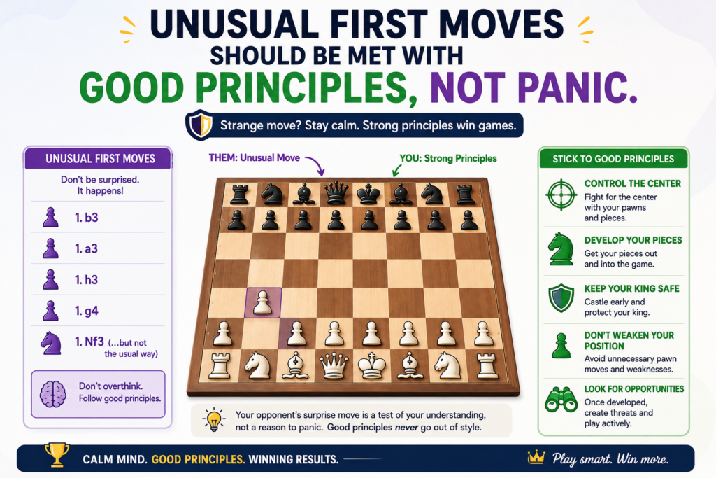 Children will not always face normal openings. In online games, school games, and beginner tournaments, opponents may start with strange moves. They may push a side pawn. They may move the queen early. They may bring out a knight to the edge. They may play something that looks confusing.