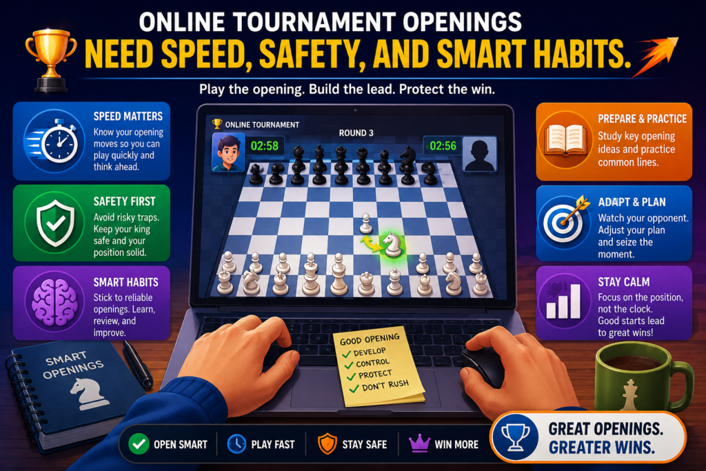 Online chess feels different from slow practice games. The clock is ticking. Moves come fast. Opponents may use tricky openings. Some players try cheap traps because they know children may rush. That is why tournament opening habits must be simple and strong.