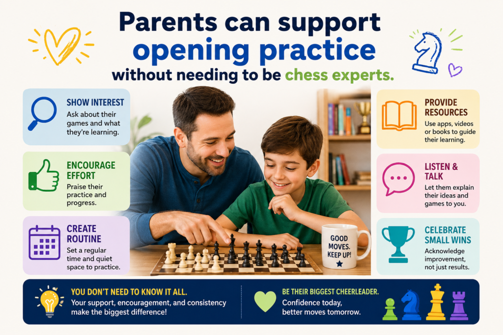 Parents often think they must understand every chess move to help their child improve. That is not true. A parent does not need to know deep opening lines or famous grandmaster games. The most helpful support is much simpler. You can help your child build steady habits, stay patient after losses, and enjoy the learning process.