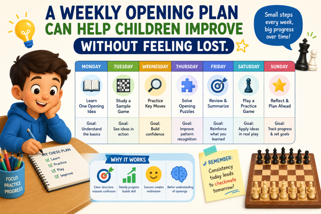 Many children want to get better, but they do not know what to study first. Openings can feel huge. There are many names, many moves, and many traps. Without a plan, a child may jump from one idea to another and never feel settled.