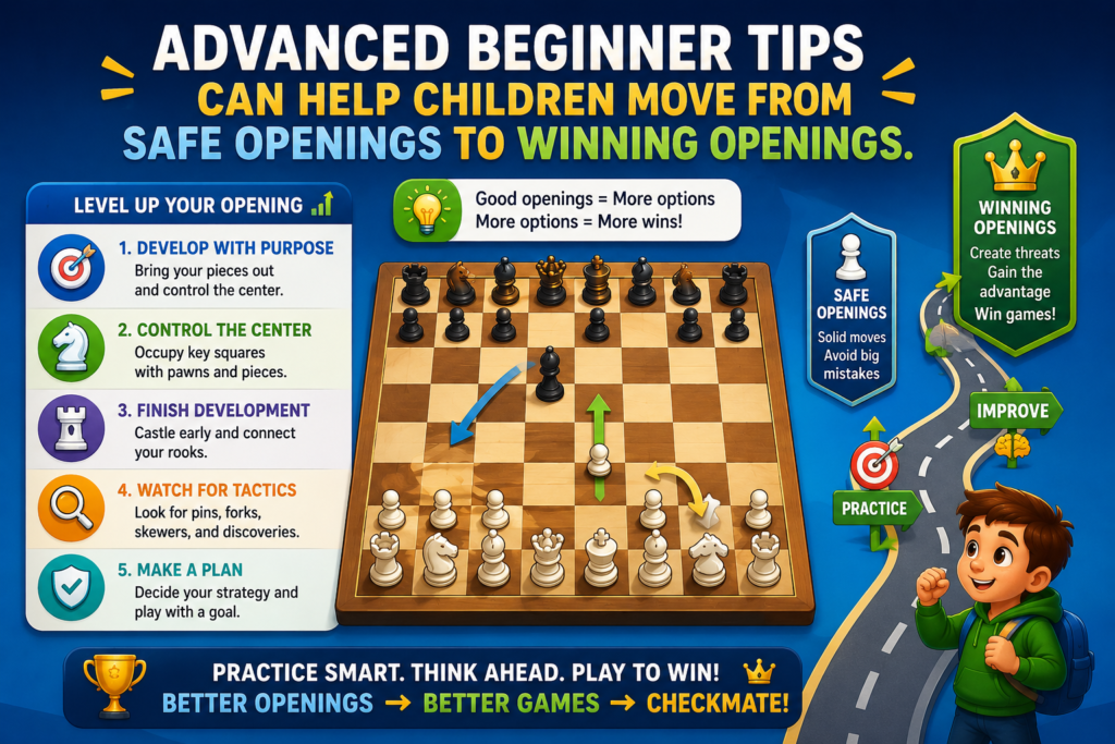 Once a child has learned the basics, they are ready for a deeper step. They already know to control the center, develop pieces, castle, and avoid early queen moves. Now they can learn how to make their opening more active and more dangerous for the opponent.