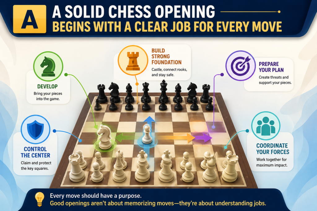 A good chess opening is not a magic spell. It is not a secret code only top players know. It is simply the first part of the game where you bring your army out, fight for good squares, and make sure your king is safe.