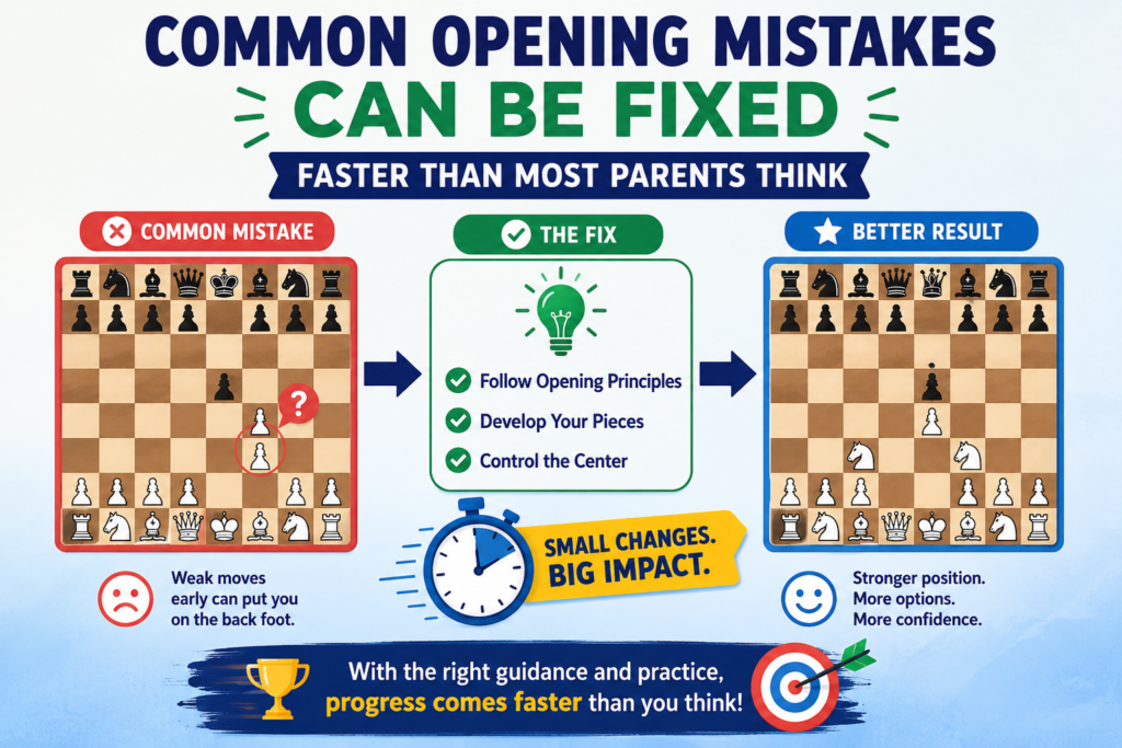 Opening mistakes are normal. Every chess player makes them at first. The good news is that many early mistakes follow clear patterns. Once your child learns to spot these patterns, their games can improve quickly.