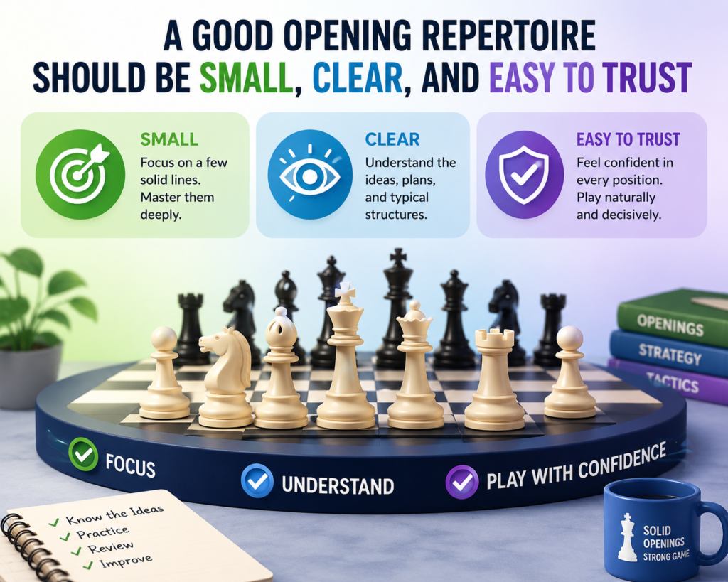A chess opening repertoire is the set of openings your child chooses to play often. For a young player, this set should not be too large. Too many openings can create too much noise. Your child may know a little about many systems but feel strong in none of them.
