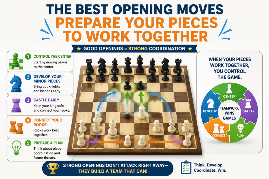 Chess pieces are stronger when they work as a team. A queen alone can be chased. A bishop alone can be blocked. A knight alone can jump forward and get trapped. But when pieces support each other, the position becomes much harder to break.