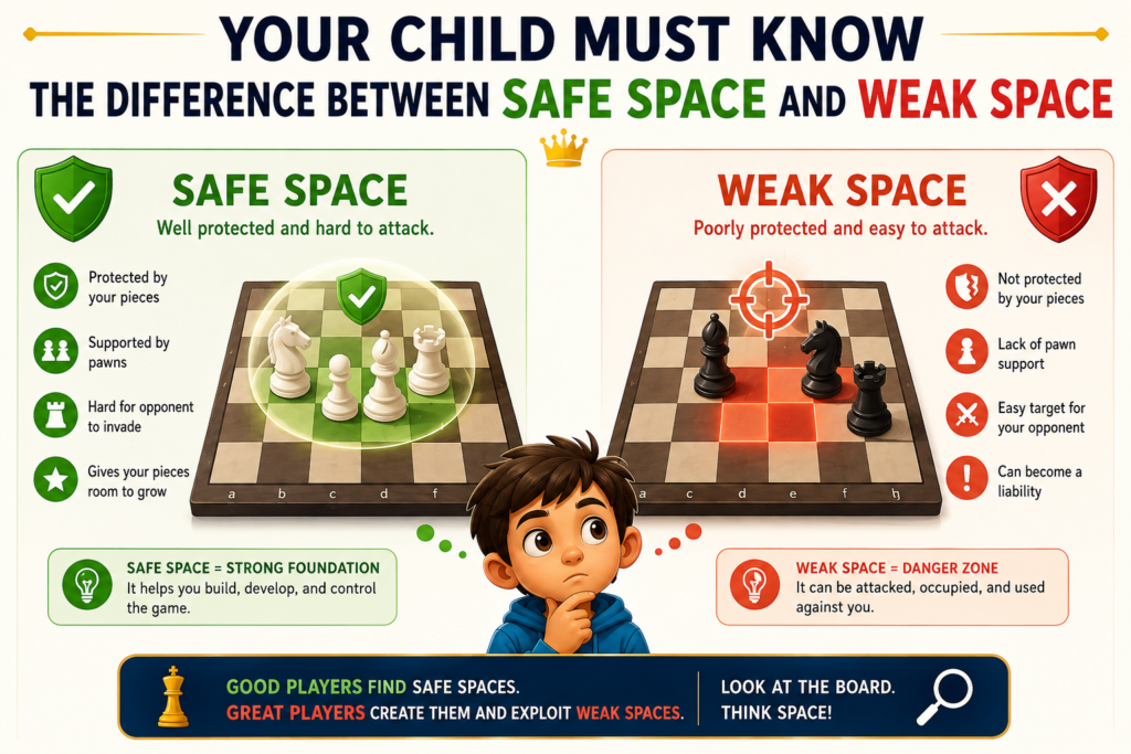 In the opening, gaining space can be very helpful. Space gives your pieces room to move. It can make the opponent feel cramped. It can help your child build pressure and choose from more plans.