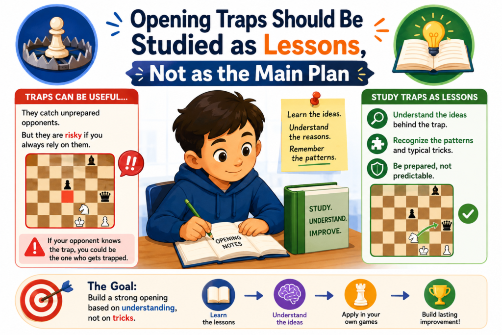 Opening traps are fun. Children enjoy them because they can lead to fast wins. A quick checkmate or a surprise queen win can feel amazing. But traps can also create bad habits if they become the main plan.