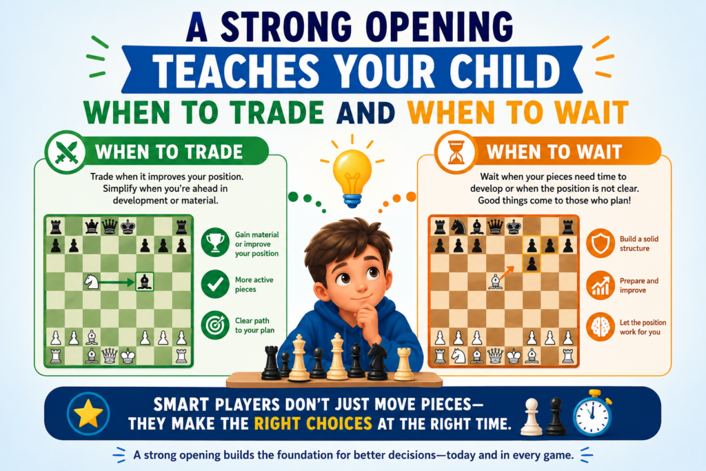 Trading pieces feels simple, but it is one of the biggest choices in the opening. Many young players trade because they can. They see a bishop, knight, or pawn that can be taken, and they take it right away. But strong players do not trade just because a trade is possible. They trade because the trade helps their position.