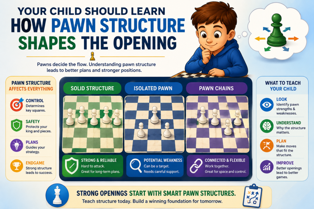 Pawn structure may sound like a big chess term, but the idea is simple. It means the shape your pawns make on the board. This shape tells your pieces where to go, which squares are strong, and where the game may open later.
