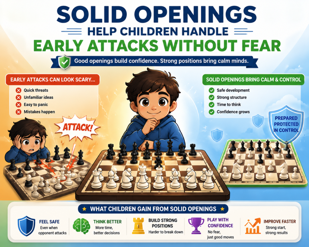 Early attacks can scare young players. The opponent brings out the queen. A bishop points at the king. A knight jumps forward. Suddenly, your child feels like checkmate is coming.