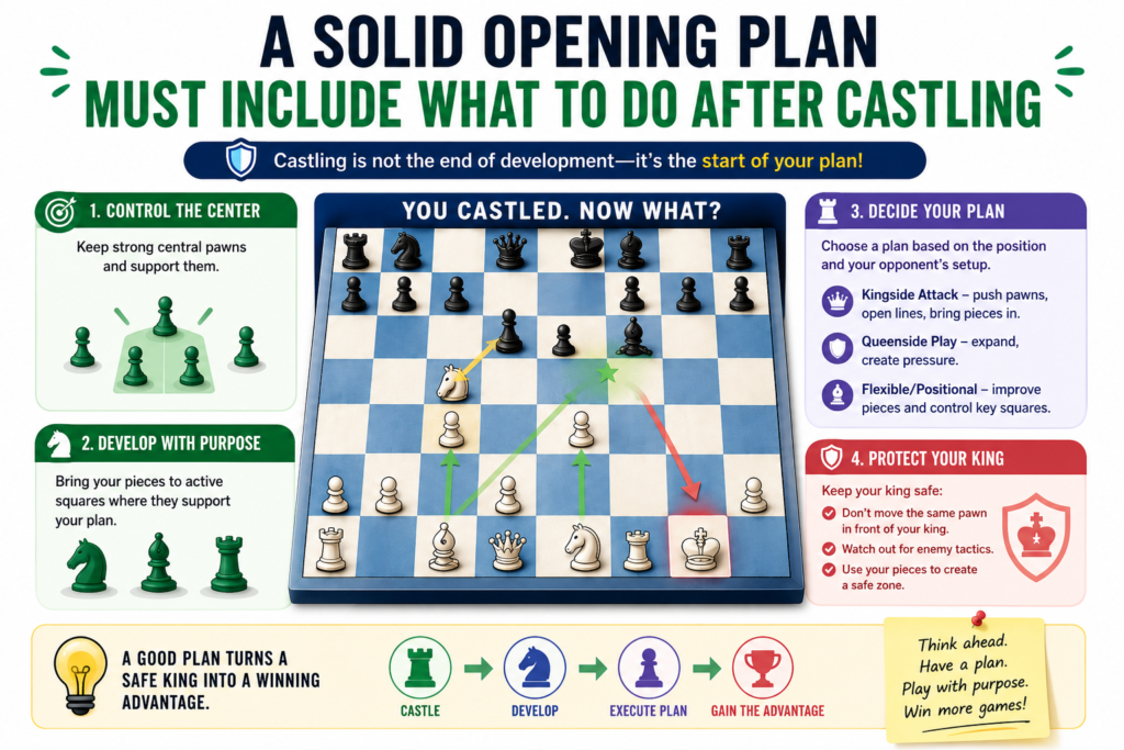 Many children think the opening is finished as soon as they castle. Castling is important, but it is not the end of the plan. It is the start of a safer and more active game.