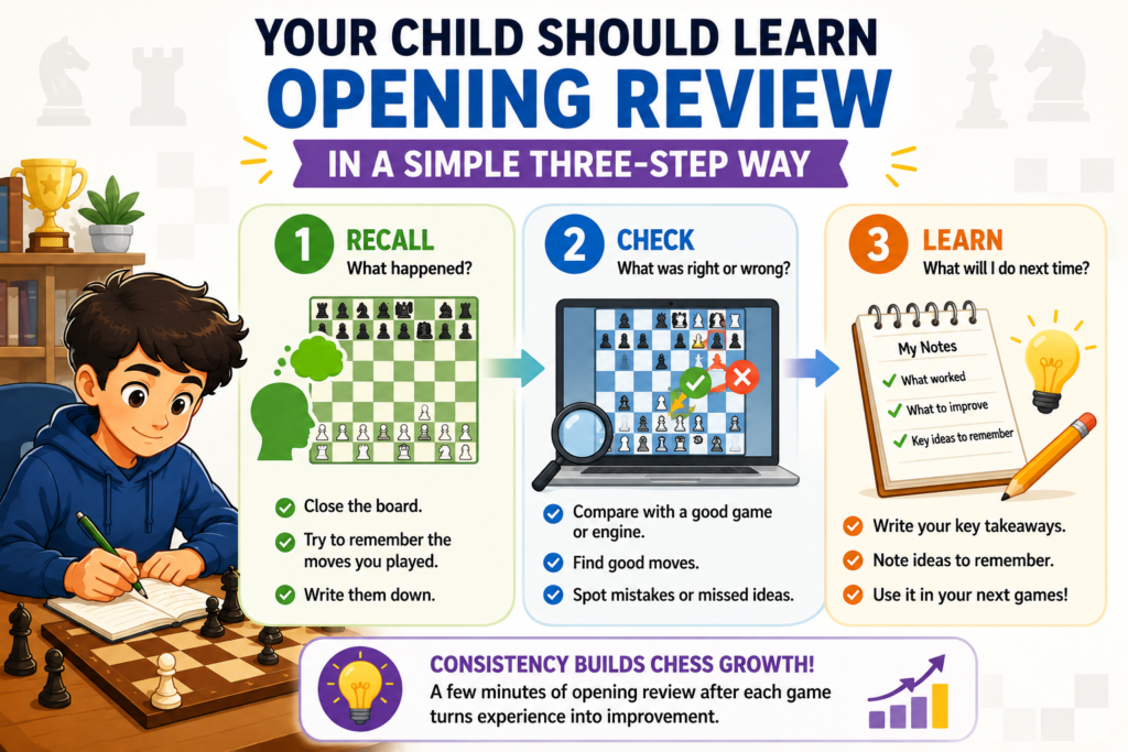 Opening review does not need to be hard. Many parents think chess review means using complex tools or studying like a grandmaster. For kids, it can be much simpler.