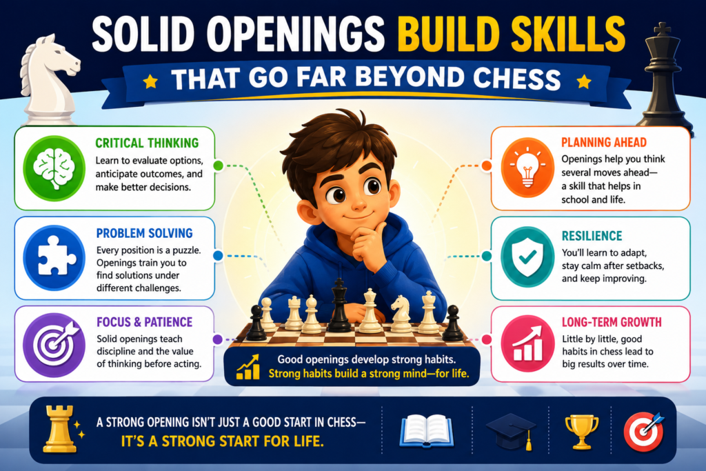 A strong chess opening is not only about winning more games. It teaches children how to think before they act. It teaches them that good results come from good preparation. It shows them that rushing may feel exciting, but calm planning often works better.