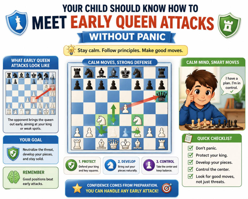Early queen attacks are very common in beginner chess. Many children face moves where the queen comes out fast, points at the king, and creates quick threats. This can feel scary, especially when the child has lost to the same idea before.