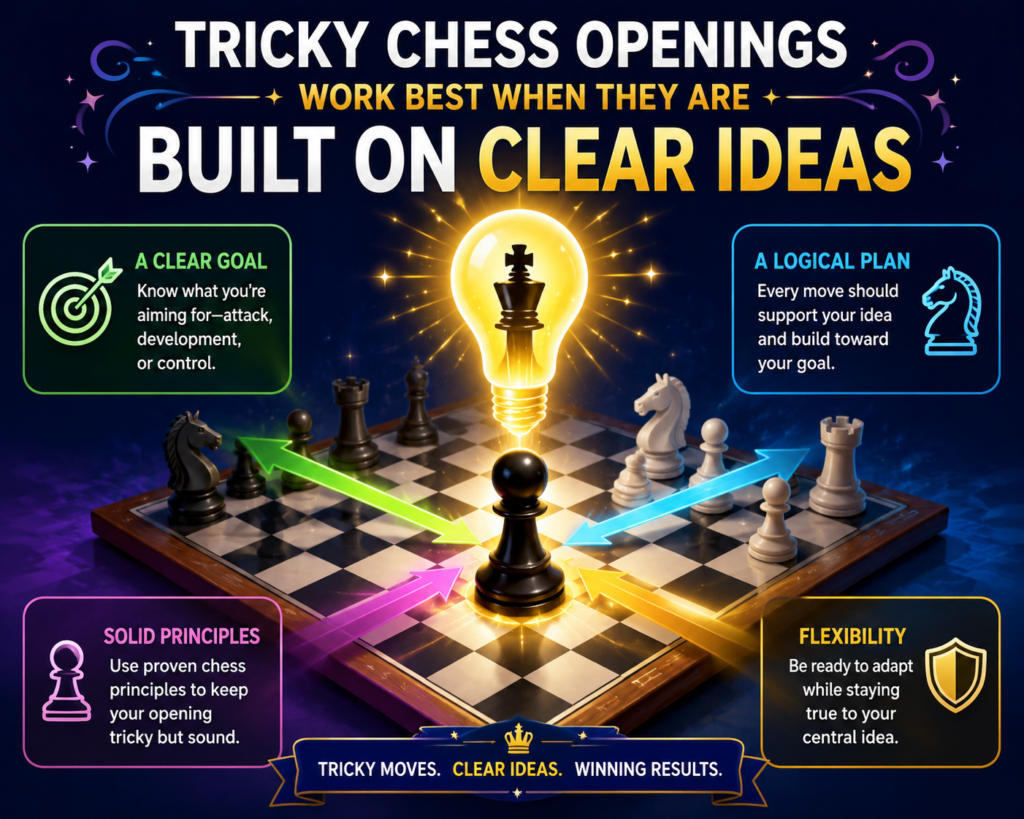 A tricky chess opening is not a random trap. It is not a sneaky move you play and hope your opponent falls asleep. The best tricky openings are built on real chess ideas. They fight for the center. They help your pieces come out. They make your king safe. They also create small problems for your opponent right away.