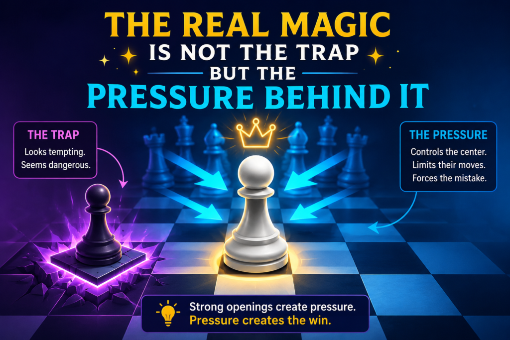 Many beginners love traps because traps feel exciting. A queen gets caught. A knight forks the king and rook. A bishop lands on a weak square and suddenly the game is almost over. These moments are fun, and they are part of chess joy.