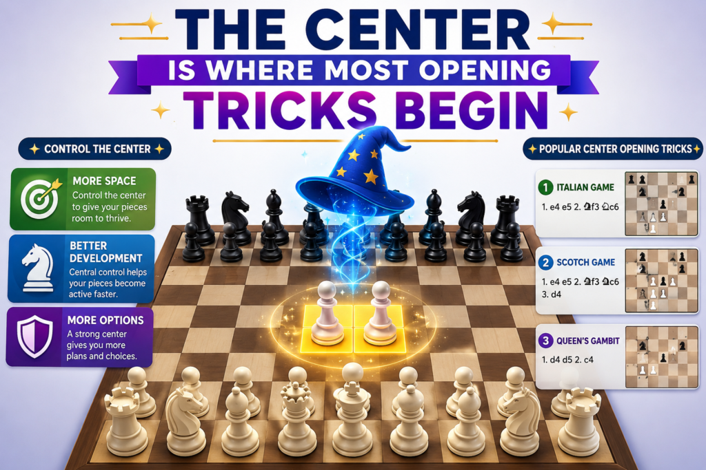 The center of the chessboard is the group of squares in the middle. Most opening battles start there because pieces are stronger when they can move in many directions. A knight in the center can jump to many places. A bishop with open lines can attack across the board. A queen can support threats from behind.