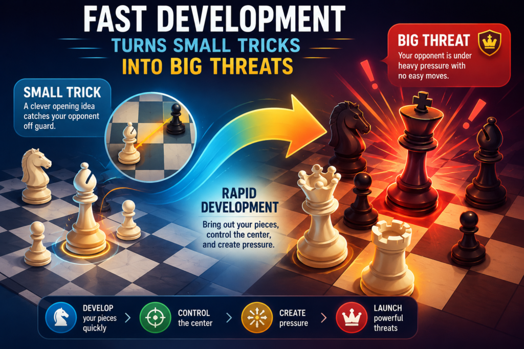 Development means bringing your pieces into the game. In simple words, your army must wake up. If your knights and bishops stay at home, your queen and pawns cannot do everything alone. A tricky opening without development is like a magic show with no stage, no lights, and no plan.