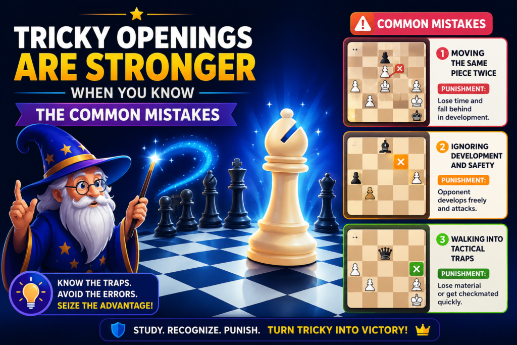 Every opening has common mistakes. These are the moves players make again and again because they look natural, but they are not best. A tricky player studies these mistakes before the game begins. That way, when the opponent slips, the answer is ready.
