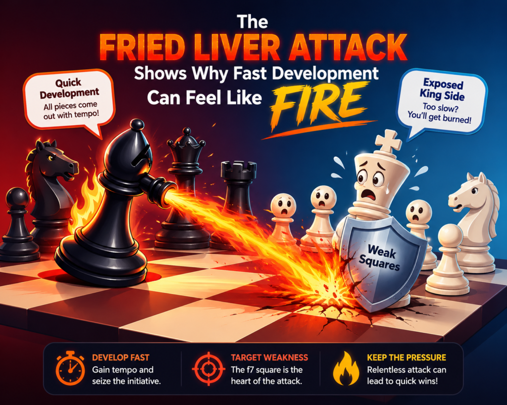 The Fried Liver Attack is one of the most famous tricky openings for young players. It usually begins from the Italian Game, where White quickly brings out the knight and bishop to aim at Black’s weak f7 square. That square is special because only the king protects it at the start.