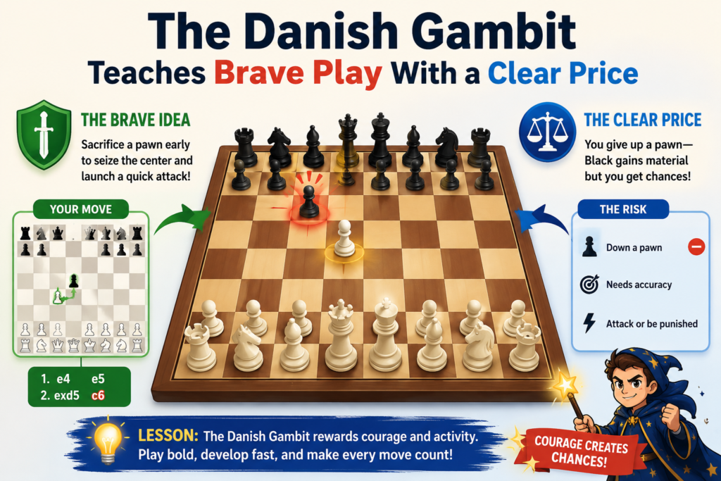 The Danish Gambit is a bold opening where White gives up pawns to open lines and develop fast. It is not quiet chess. It is open, sharp, and full of chances. For students who love action, this opening can feel like stepping into a race from move one.