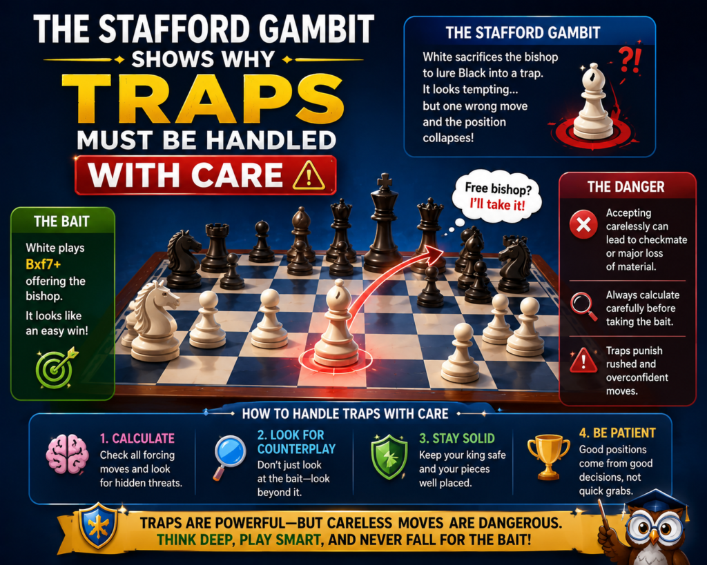 The Stafford Gambit is a very tricky opening for Black. It often appears after White takes a knight in the Petrov Defense, and Black gives up a pawn to create quick threats. Many online players love it because there are sharp lines and sudden checkmates.