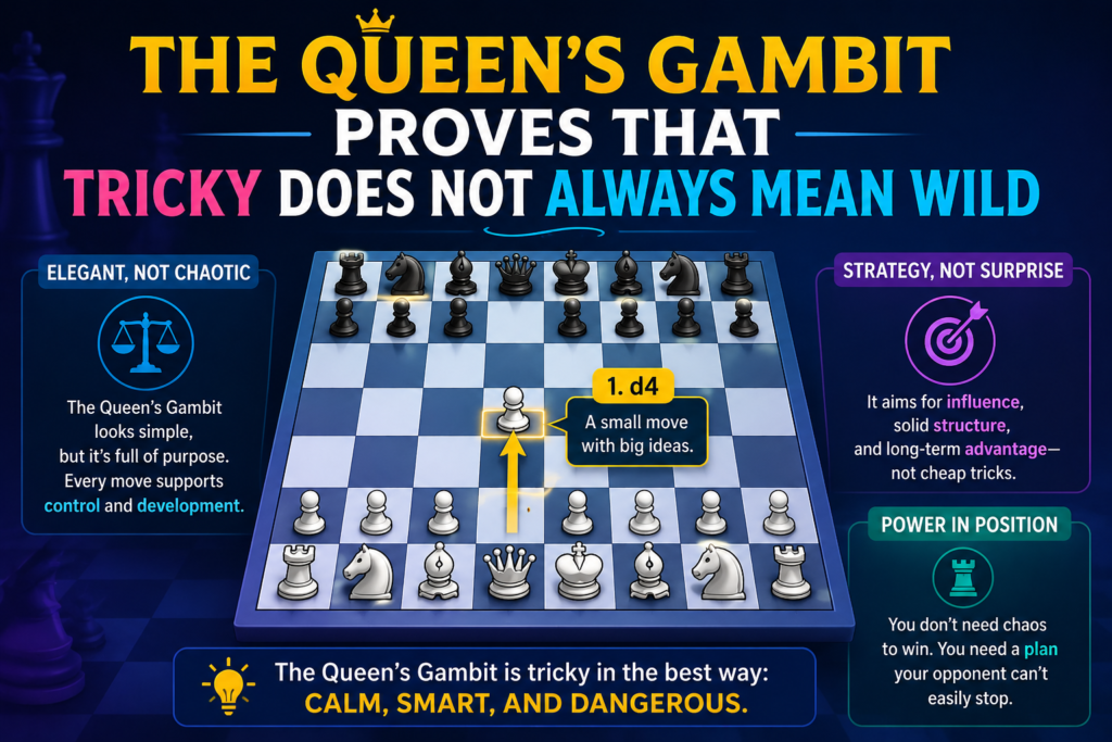 Some people think tricky openings must be wild and risky. The Queen’s Gambit proves that is not true. It is one of the most respected openings in chess, yet it still carries clever ideas from the very start.