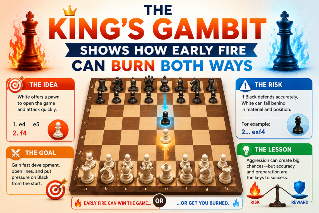 The King’s Gambit is one of the boldest tricky openings in chess. White offers a pawn very early to open lines and pull Black into a sharp fight. It is brave, fast, and full of danger for both sides.