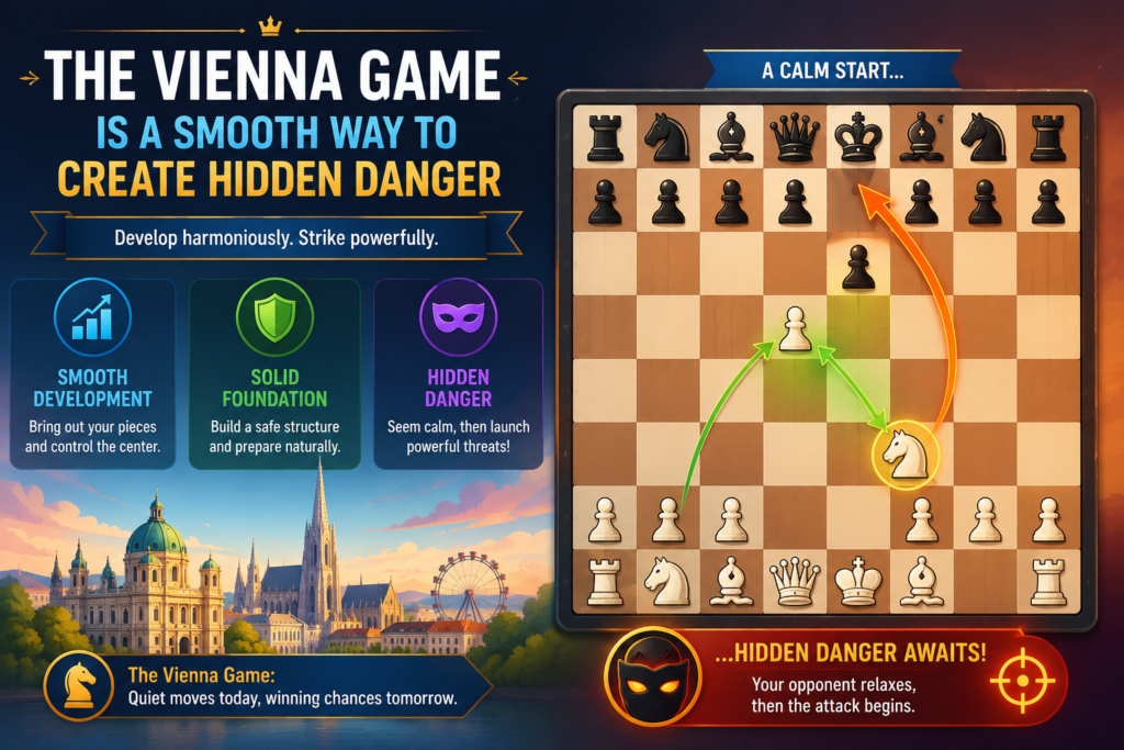 The Vienna Game is a great opening for players who want tricks without making the game feel too wild. White develops the knight to a natural square, supports the center, and often prepares a strong pawn push later. The opening can become calm or sharp, depending on how both sides play.