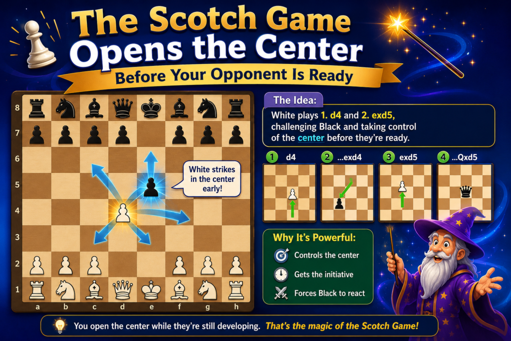 The Scotch Game is direct, clean, and full of action. White opens the center early and asks Black to solve problems right away. This makes it a strong opening for students who like clear play and active pieces.