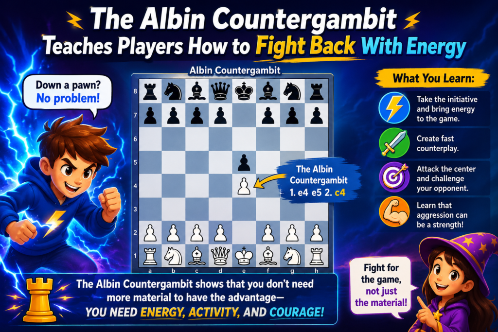 The Albin Countergambit is a sharp answer to the Queen’s Gambit. Instead of defending quietly, Black strikes back in the center and offers a pawn for activity. This opening can surprise players who expect a slow game.
