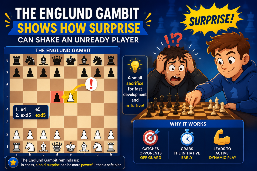 The Englund Gambit is a tricky opening for Black that starts when White plays the queen’s pawn forward and Black answers with an early pawn challenge. It is not the kind of opening that every coach will tell a child to use in every serious game, but it is a very useful opening to study because it teaches the power of surprise.