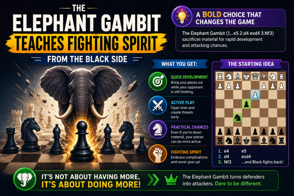 The Elephant Gambit is another bold opening for Black. It usually appears after White begins with a king’s pawn and develops a knight. Black then strikes in the center with a sharp pawn move that asks White to make decisions right away.