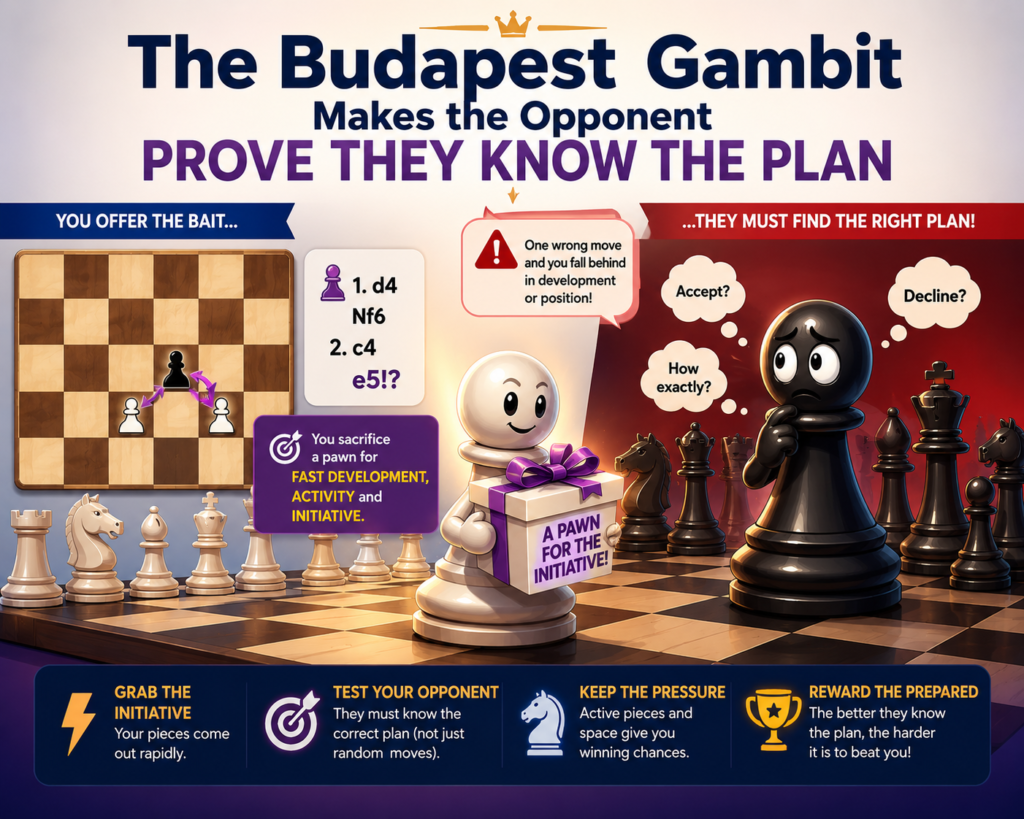 The Budapest Gambit is a clever answer to queen’s pawn openings. Black gives up a pawn for quick development and pressure. It is tricky, but it is also rich in ideas. That makes it a great opening to study for students who want more than simple traps.