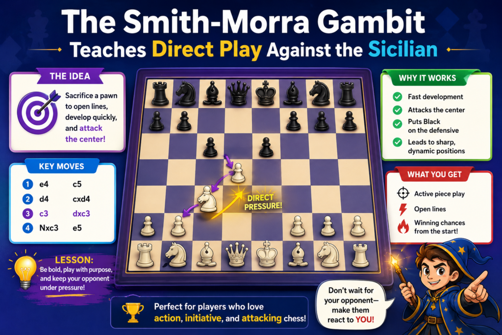The Sicilian Defense is one of the most popular replies to White’s first move with the king’s pawn. Many players use it because it gives Black strong counterplay. But the Smith-Morra Gambit gives White a sharp and simple way to fight back.