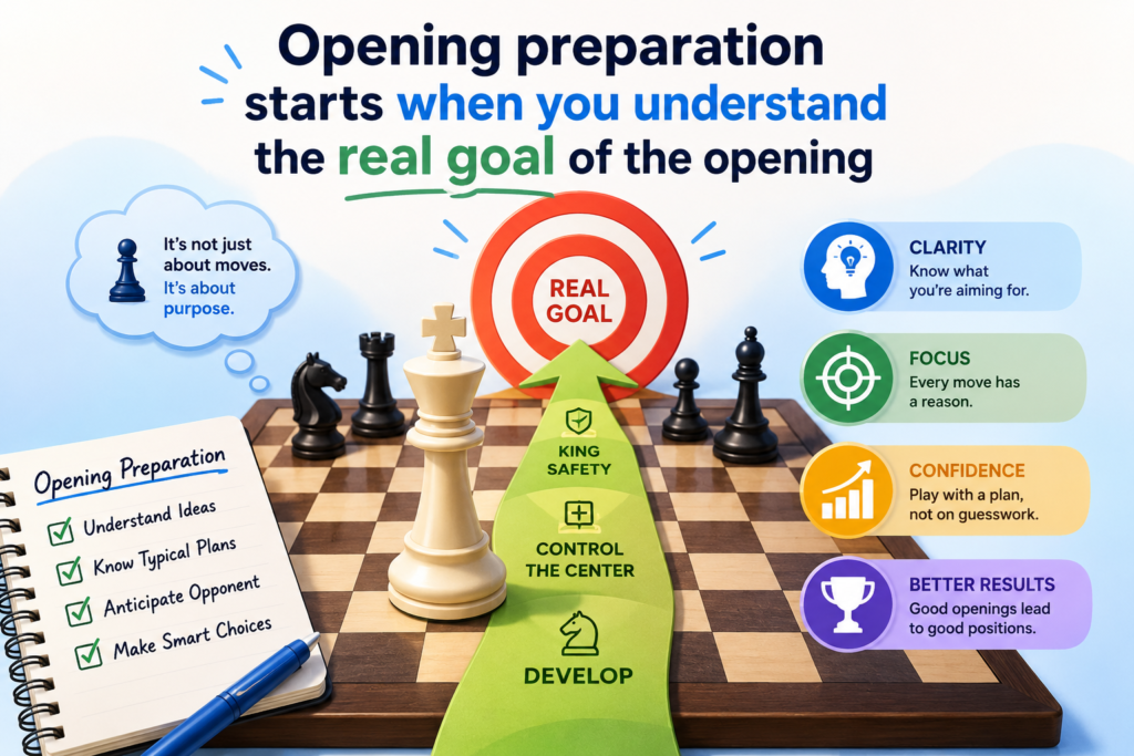 Many players think the opening is only about the first few moves. They look at a line, try to remember it, and hope it appears in the game. But strong opening preparation is much deeper than that. The real goal is to reach a position where your pieces are active, your king is safe, your center is healthy, and your next plan is clear.