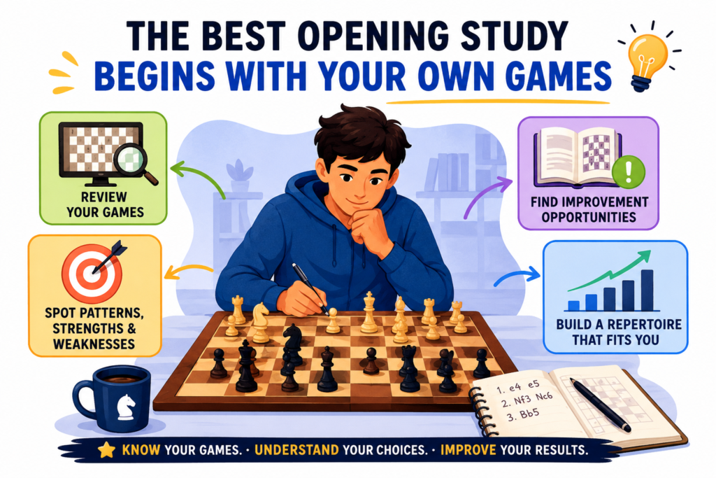 Many players study openings in the wrong order. They first look at long master games or long computer lines. That can be useful later, but it is not the best place to start. The best place to start is with your own games.