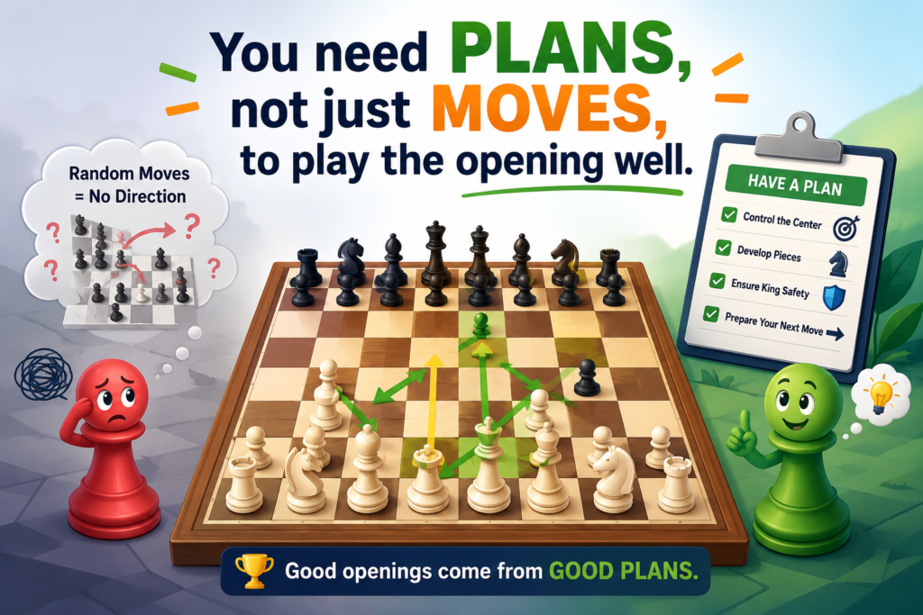 A move is only useful when it belongs to a plan. This is one of the most important ideas in opening preparation. Many students know the first few moves of an opening, but then they stop and think, “Now what?” That moment is where games are often won or lost.