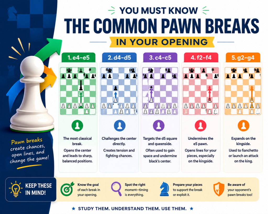 Pawn breaks are one of the most important parts of opening preparation. A pawn break is a pawn move that challenges your opponent’s center or opens lines for your pieces. It can change the whole game.