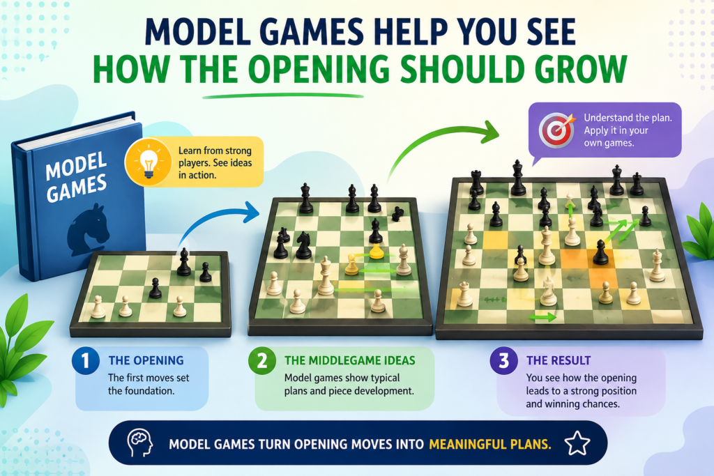 A model game is a game that shows the main ideas of an opening in a clear way. It is not just a game with perfect moves. It is a lesson in action. When you study a model game, you see how the pieces move, when the player castles, when the center opens, and how the opening plan turns into a middle game attack or defense.
