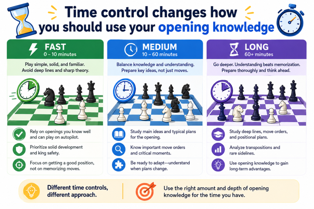Opening preparation is not used the same way in every game. A slow game gives you time to think deeply. A fast game asks you to trust your training. A tournament game may bring pressure. A casual game may let you test new ideas. Knowing this helps you prepare in a more useful way.